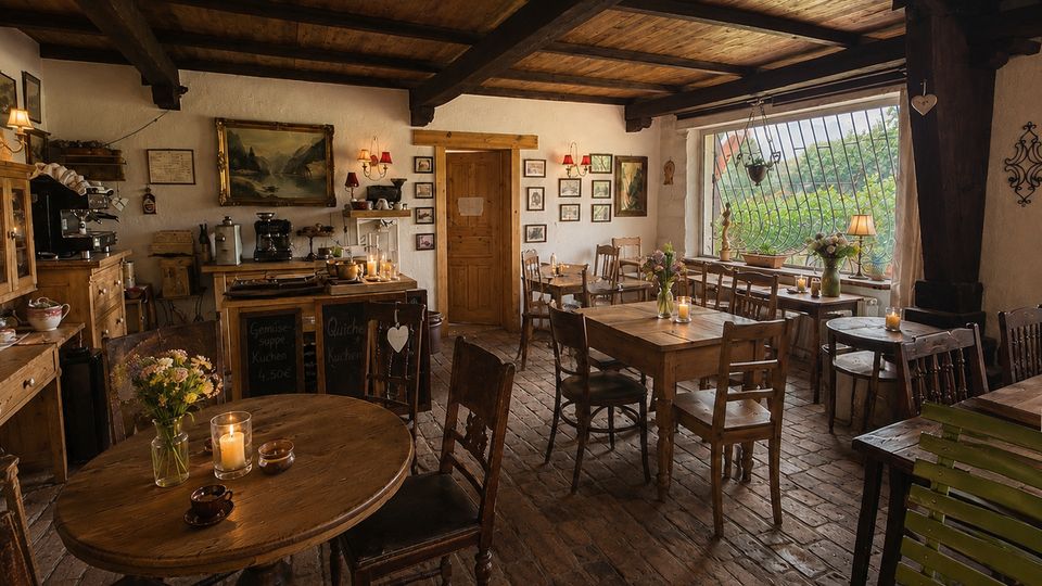 Gemütlicher Gastraum eines rustikalen Cafés mit Holzbalkendecke, Ziegelboden und mehreren Holztischen und -stühlen, teils mit Kerzen und Blumen dekoriert. An den weiß verputzten Wänden hängen Bilder und Lampen; ein großes Fenster mit Gitter blickt ins Grüne.