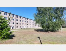 Wohnblock mit vierstöckigem, grauem Gebäude aus Betonplatten und zahlreichen rechteckigen Fenstern, umgeben von einer Wiese mit vereinzelten Bäumen und Sträuchern bei sonnigem Wetter. Im Vordergrund ist ein großer Baum sichtbar, rechts stehen Wäschespinnen auf der Grasfläche.