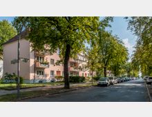 Wohnstraße mit einem mehrstöckigen rosa Wohngebäude zur linken Seite, das Balkone mit Blumenkästen besitzt. Die Straße ist von Bäumen gesäumt, die teils Schatten auf die Gehwege und parkenden Autos werfen.