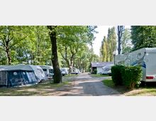 Campingplatz mit Wohnwagen und Vorzelten, umgeben von hohen Bäumen. Ein gepflasterter Weg führt zu einer kleinen, weißen Sanitäranlage in der Mitte des Bildes.