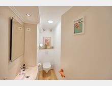 Kleines, modern gestaltetes Badezimmer mit weißer Wandfläche und Holzfußboden. Neben einem Waschbecken mit Spiegel befindet sich ein WC; auf einer Ablage über dem WC stehen eine Pflanze und ein gerahmtes Bild.