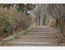 Eine Treppe aus Betonstufen führt durch einen herbstlichen Park mit kahlen Bäumen und Sträuchern. Die Treppe ist von niedrigen Steinmauern gesäumt, und der Boden ist mit Laub bedeckt.