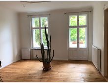 Heller Raum mit weiß gestrichenen Wänden, Holzfußboden und großen Fenstern, die viel Tageslicht hereinlassen. Ein Kaktus in einem Topf steht in der Mitte des Zimmers, und ein Heizkörper befindet sich unter einem der Fenster.