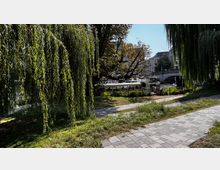Grüne Parklandschaft mit überhängenden Weidenbäumen im Vordergrund, einem gepflasterten Weg und einem Fluss im Hintergrund, auf dem ein Ausflugsboot unterhalb einer Brücke liegt. Im Hintergrund sind Gebäude einer Stadt zu sehen.