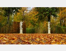 Zwei weiße Statuen stehen auf Sockeln in einem herbstlichen Park, umgeben von Bäumen mit buntem Laub. Der Boden ist mit einer dicken Schicht aus gelben und orangefarbenen Blättern bedeckt.
