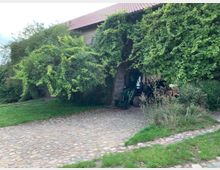 Gepflasterter Hof mit einem großen, von Pflanzen überwucherten Scheunentor, durch das ein Traktor teilweise sichtbar ist. Die Umgebung ist von Gras, Bäumen und Sträuchern umgeben, und das Gebäude hat ein rotes Ziegeldach.