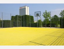 Ein umzäunter Basketballplatz mit gelbem Bodenbelag, umgeben von hohen Hecken und einigen Bäumen. Im Hintergrund ist ein modernes Hochhaus und ein Parkbereich sichtbar.