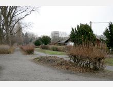 Ein bewölkter Park mit unbefestigten Wegen, kahlen Büschen und Bäumen in herbstlicher oder winterlicher Umgebung. Im Hintergrund sind Gartenhäuser und ein mehrstöckiges Gebäude sichtbar.