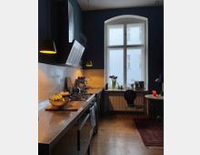 Moderne Küche mit dunklen Wänden, einer Arbeitsplatte aus Metall und einem Gasherd. Im Hintergrund ein großes Fenster mit weißem Rahmen, das Tageslicht hereinlässt, und vor dem Fenster befinden sich Blumenvasen und Pflanzen. Ein Esstisch mit einem Stuhl steht auf einem roten Teppich.