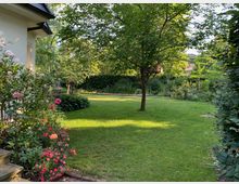 Ein grüner Garten mit Rasenfläche, einem zentral stehenden Baum und umgeben von Blumenbeeten und Büschen. Links im Vordergrund sind blühende Rosen neben einer Hauswand und einer Steinstufe sichtbar, im Hintergrund befinden sich weitere Pflanzen und Gartenmöbel.