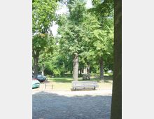 Ein kleiner Park mit hohen, grünen Bäumen, einer Holzbänken auf einem gepflasterten Weg und einem großen, runden Stein im Hintergrund. Rechts sind geparkte Autos sichtbar, die an einer Straße entlang stehen.