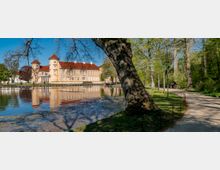 View across a calm pond toward a large historic palace with pale walls and red-tiled roofs, including corner towers, reflected in the water. A tree-lined park path runs along the right side beside the pond, with large trees and spring foliage framing the scene.