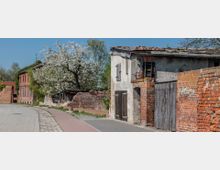 Straßenszene in einem ländlichen Gebiet mit alten, teils verfallenen Backsteingebäuden, einer Mauer und einem blühenden Baum im Hintergrund. Ein gepflasterter Bürgersteig und eine schmale Straße verlaufen durch die Szenerie.