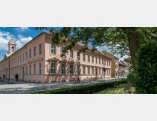 Historisches Gebäude mit hellrosa Fassade und weißen Fensterrahmen, flankiert von Pflastersteinen und einem Gehweg mit Fahrradbügeln; im Hintergrund ein kleiner Glockenturm mit grünem Dach. Im Vordergrund ein Baum mit Laub, der Schatten spendet.