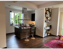 Moderne Wohnküche mit einer zentralen Kücheninsel aus dunklem Holz, ausgestattet mit Barhockern und einer Edelstahl-Dunstabzugshaube. Rechts befindet sich ein Regal mit Büchern und dekorativen Elementen, während große Fenster und ein roter Teppich den Raum aufhellen.