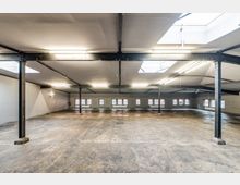 Großer, leerer Industrie-Innenraum mit sichtbaren Stahlstützen, rechteckigen Dachfenstern und einem Betonboden. Die Wände haben eingelassene Fenster mit kleinen Scheiben, die Tageslicht in den Raum lassen.