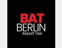 A black background with the text "BAT" in bold red letters above "BERLIN Airport Taxi" in white lettering, indicating a transportation service.