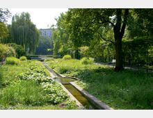 Grüne Parklandschaft mit einem schmalen, künstlichen Wasserlauf, umgeben von dichtem Gras, Pflanzen und Bäumen. Im Hintergrund sind eine Trauerweide, eine Parkbank und ein mehrstöckiges Wohngebäude sichtbar.