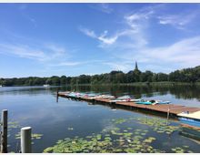 Holzsteg mit aufgereihten Stand-Up-Paddle-Boards auf einem ruhigen See, umgeben von Bäumen; im Hintergrund ragt der Turm einer Kirche über das Ufer hervor. Seerosen bedecken teilweise die Wasseroberfläche, und der Himmel ist klar und blau.