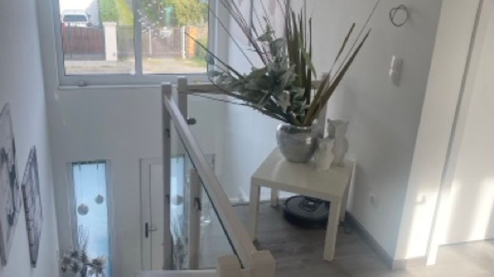 Helles Treppenhaus in einem modernen Wohnhaus mit grauer Treppe, Glasgeländer und Holzfußboden im Obergeschoss. Am Fenster mit Blick auf Nachbarhäuser steht ein kleiner Tisch mit großer Pflanze; unten ist eine Eingangstür mit Glaseinsatz zu sehen.