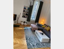 Wohnzimmer mit hellem Parkettboden, einem großen Teppich mit blau-grauem Muster, einer grauen Eckcouch mit bunten Kissen und einem weißen Couchtisch. Ein großer Kronleuchter hängt von der Decke, daneben ein hohes Fenster mit langen, dunklen Vorhängen. Regal mit Büchern und ein Fernseher an der Wand.