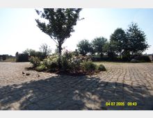 Gepflasterter Platz mit einem Baum und Blumenbeeten in der Mitte, umgeben von Wiesen und Bäumen im Hintergrund. Rechts im Bild befinden sich weitere Pflanzen, und links ist ein Holztor sichtbar.