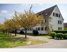 Mehrfamilienhaus mit weißer Fassade und braunen Fensterläden, umgeben von kleinen Blühbäumen und gepflegter Grünfläche. Ein gepflasterter Weg führt entlang der Bäume, der Himmel ist leicht bewölkt.
