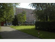 Wohngebäude in einem städtischen Umfeld, mit mehreren Stockwerken und roten Fassadenelementen, im Hintergrund von Bäumen und einer Grünfläche mit Gehweg im Vordergrund umgeben. Autos parken entlang der Straße vor dem Gebäude.