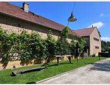 Backsteingebäude mit roten Ziegeldächern, an dessen Fassade Rankpflanzen wachsen; im Vordergrund eine grüne Rasenfläche mit einer Holzbank und einem Tisch aus Baumstämmen, daneben ein gepflasterter Weg. Ein Industrieleuchtsystem hängt über der Szene, und am Gebäude steht der Schriftzug "Forsthaus".