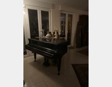 Ein Wohnzimmer mit einem schwarzen Flügel im Vordergrund, auf dessen Oberfläche Dekorationsgegenstände wie Kerzenleuchter und Vasen stehen. Im Hintergrund sind helle bodentiefe Fenster sowie ein Teppich, eine Vitrine und ein zusammengerollter Läufer zu sehen.