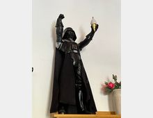 Eine schwarze Darth-Vader-Figur steht auf einem Regal und hält ein goldenes Eiswaffel-Ornament in der Hand; daneben befindet sich ein Blumenkübel mit rosa Blumen.