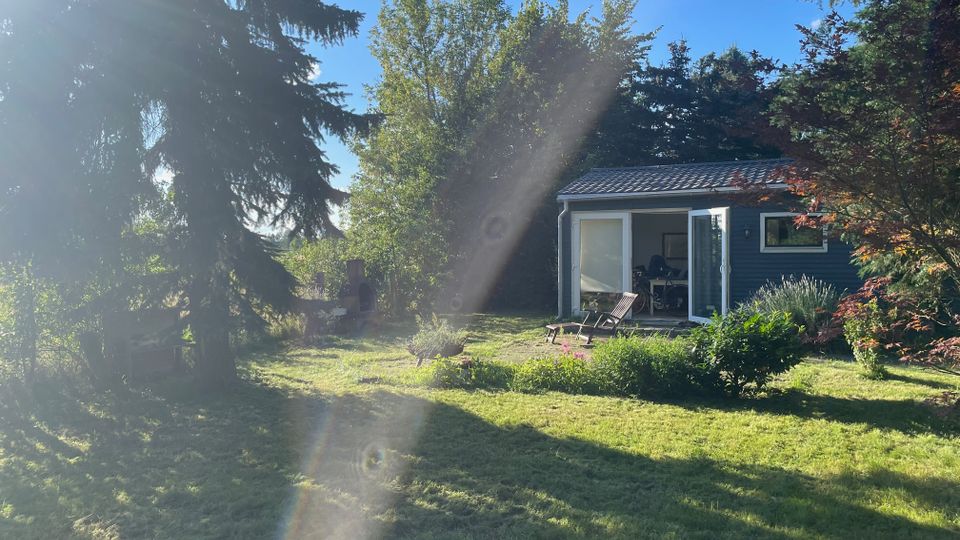 Garten mit Rasenfläche und hohen Bäumen, daneben ein kleines blaues Gartenhaus mit Satteldach, großer offener Glastür und einem Fenster. Vor dem Häuschen stehen zwei Liegestühle, umgeben von Sträuchern und Beeten im Sonnenlicht.