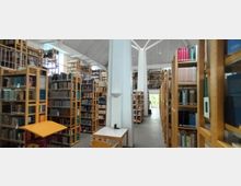 Eine helle Bibliothek mit hohen Holzregalen, die dicht mit Büchern gefüllt sind. In der Mitte befindet sich eine weiße Säule, umgeben von Lesetischen und Stühlen, mit einer Galerie im oberen Bereich der Bibliothek.