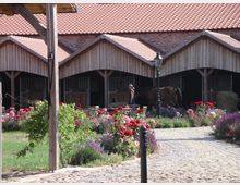 Pferdehof mit Stallgebäuden aus Holz und rotem Ziegeldach, umgeben von blühenden Blumenbeeten und einem gepflasterten Weg. Im Vordergrund steht eine Laterne, und eine Person führt ein Pferd.