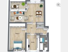 Grundriss einer Wohnung mit zwei Zimmern, Küche, Bad, Flur und Abstellraum. Raum 1 enthält einen Essbereich und eine Sitzgruppe, Raum 2 ein Bett, zudem gibt es eine Loggia mit Sitzmöbeln und Pflanzen.