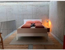 Minimalist bedroom with exposed concrete walls and a white platform bed dressed in rust-colored bedding, set on a rug over wood plank flooring. A small bedside table with an angled lamp sits to the right, and a metal railing lines the left side like a loft edge.