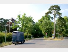 Straßengabelung in einer grünen, bewaldeten Umgebung mit Straßenlaternen und einem geparkten, blauen Anhänger am Straßenrand. Im Hintergrund stehen hohe Bäume, ein Verkehrsschild „Einfahrt verboten“ und ein Plakat auf einem Werbeboard.