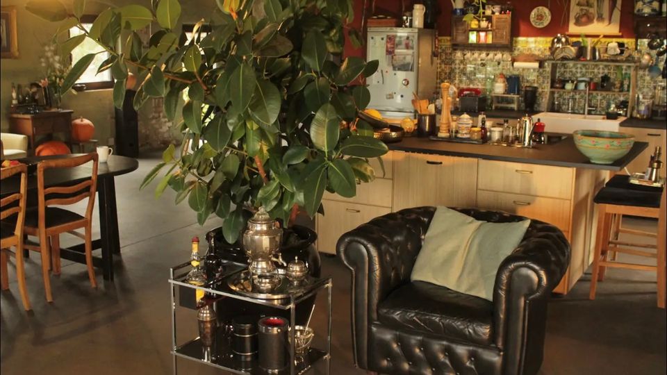 Wohnzimmer mit offener Küche, dekoriert mit einer großen Zimmerpflanze, einer schwarzen Ledersessel und einem Metall-Servierwagen. Im Hintergrund stehen Holzstühle und ein Esstisch sowie eine Küchenzeile mit bunten Fliesen und Hängeregalen.