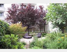 Ein begrünter Innenhof mit dichtem Pflanzenbewuchs, darunter Sträucher, Palmen und Blumen. In der Mitte des Gartens stehen zwei schwarze Sitzsäcke auf einem mit Kies bedeckten Boden, im Hintergrund sind Bäume und ein Sichtschutz aus Bambusmatten vor einem Wohngebäude sichtbar.