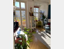 Helles Wohnzimmer mit großen Fenstern, durch die Tageslicht hereinfällt. Der Raum ist mit einem Holzboden, Pflanzen, einem Teppich, Bücherregalen und einem Glaskabinett ausgestattet und bietet Blick auf einen Balkon und angrenzende Gebäude.