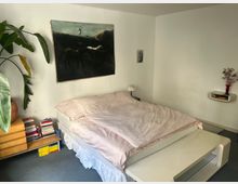 Minimalist bedroom with white walls and a low bed covered in pale pink bedding, with a large dark-toned painting above the headboard. A wooden dresser with stacked books and a large potted plant sits to the left, and a small wall shelf and bedside lamp are on the right.