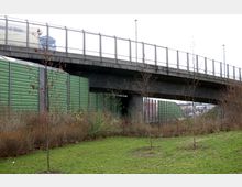 Eine Betonbrücke mit Metallgeländer überspannt eine grüne Lärmschutzwand. Im Vordergrund befinden sich Rasenflächen mit jungen Bäumen sowie einige Büsche und trockenes Gestrüpp.