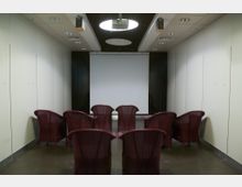 Ein kleiner, geschlossener Vortragsraum mit einer Leinwand an der Wand, mehreren roten Korbstühlen in Reihen aufgestellt und einer Decke mit integrierter Beleuchtung sowie einem Projektor.