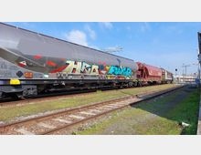 Ein Güterwaggon mit Graffiti-Bemalung steht auf einem Gleis in einem Rangierbahnhof. Im Hintergrund sind weitere Güterwaggons, Oberleitungen und Beleuchtungsmasten zu sehen, umgeben von einer grasbewachsenen Fläche.
