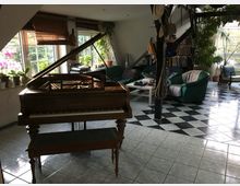 Wohnraum mit einem Flügel im Vordergrund, der auf glänzenden Fliesen mit schwarz-weißem Schachbrettmuster steht. Im Hintergrund befinden sich Sofas, Bücherregale, verschiedene Pflanzen und große Fenster, die Tageslicht hereinlassen.