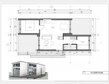 Grundrisszeichnung eines kleinen Wohnhauses mit Wohnbereich, Küche, zwei Schlafzimmern und Bad, inklusive Maßketten, Türöffnungen und markierter Außenflächen/Terrassen. Unten links ist eine 3D-Ansicht des modernen, eingeschossigen Gebäudes mit großer Fensterfront und vorgelagerter Holzterrasse dargestellt.