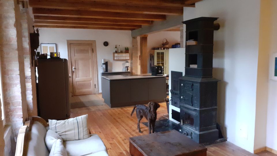 Offener Wohn- und Küchenbereich mit Holzbalkendecke und Holzfußboden, links eine Ziegelwand und eine helle Couch. Rechts steht ein großer schwarzer Kachelofen, im Hintergrund eine moderne Kücheninsel sowie Schränke und eine Tür.