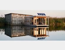 Schwimmendes Haus aus Holz mit großen Glasflächen und Solarpanelen auf dem Dach, neben einer alten, hölzernen Bootshütte gelegen, reflektiert im ruhigen Wasser; umgeben von Schilf und einer natürlichen Umgebung.