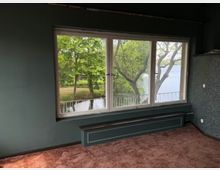 Innenraum eines leerstehenden Zimmers mit dunkelgrünen Wänden, braunem Teppichboden und großem dreiteiligem Fenster mit niedrigem Heizkörper darunter. Durch das Fenster sieht man einen Balkon mit Geländer sowie Bäume und einen See oder Fluss direkt davor.