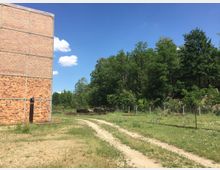 Ein Backsteingebäude mit metallverstärkten Kanten am linken Bildrand, daneben eine unbefestigte Sandstraße, die durch eine Wiese zu Gleisanlagen führt. Im Hintergrund ein dichter Wald unter blauem Himmel mit vereinzelten weißen Wolken.